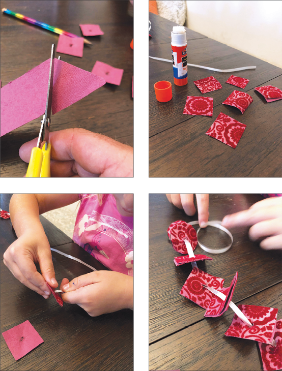 top left photo: Scissors cutting a piece of velvet wrapping paper. top right photo: A glue stick with the lid off next to six squares of red and pink velvet wrapping paper. bottom left photo: A child's hands holding a piece of wrapping paper with one hand and stringing ribbon through it with the other hand. bottom right photo: Close-up of the wrapping paper pieces strung together to create a garland.